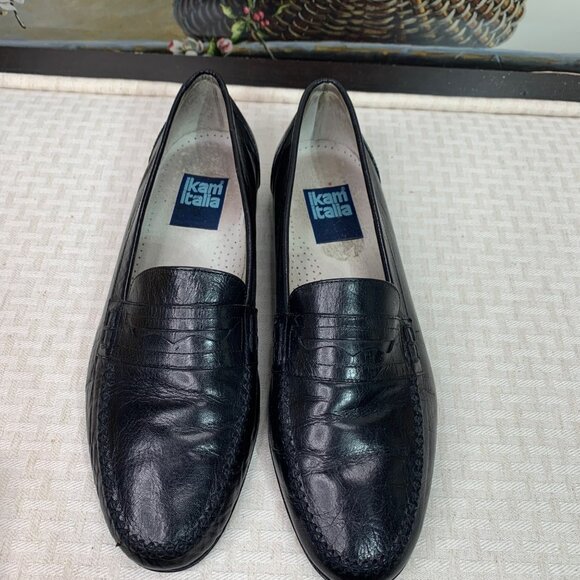 Vintage Ikam Italia Black Leather Mens Loafers Size 10 Timeless Design Detailing - Picture 3 of 8